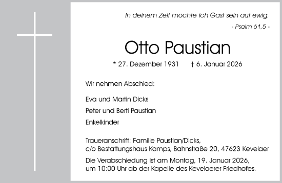 Traueranzeige von Otto Paustian von NNA