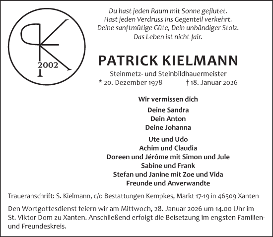 Traueranzeige von Patrick Kielmann von NNA