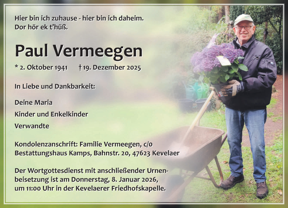  Traueranzeige für Paul Vermeegen vom 03.01.2026 aus NNA