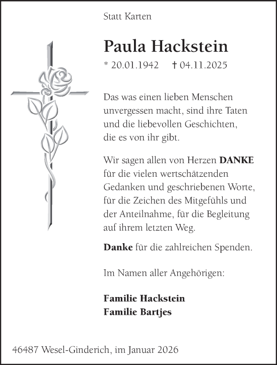 Traueranzeige von Paula Hackstein von NNA
