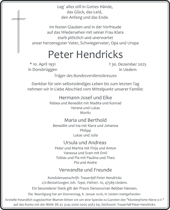 Traueranzeige von Peter Hendricks von NNA