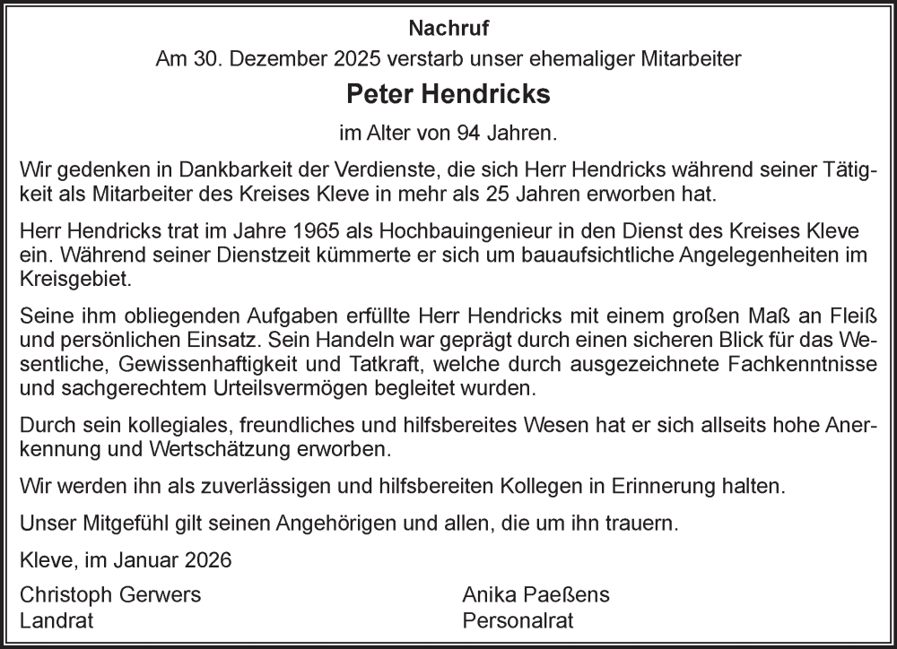  Traueranzeige für Peter Hendricks vom 17.01.2026 aus NNA