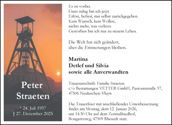 Traueranzeige von Peter Straeten von NNA