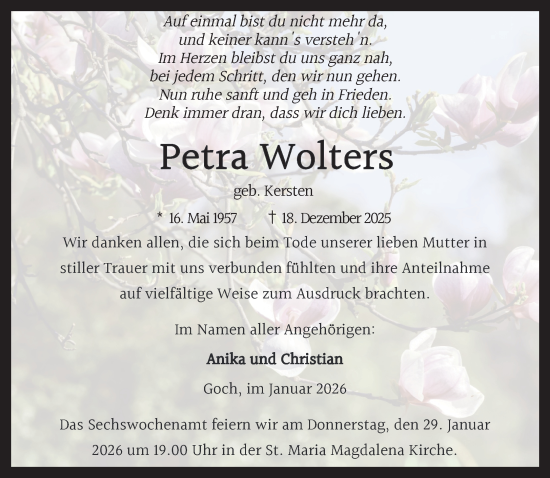 Traueranzeige von Petra Wolters von NNA