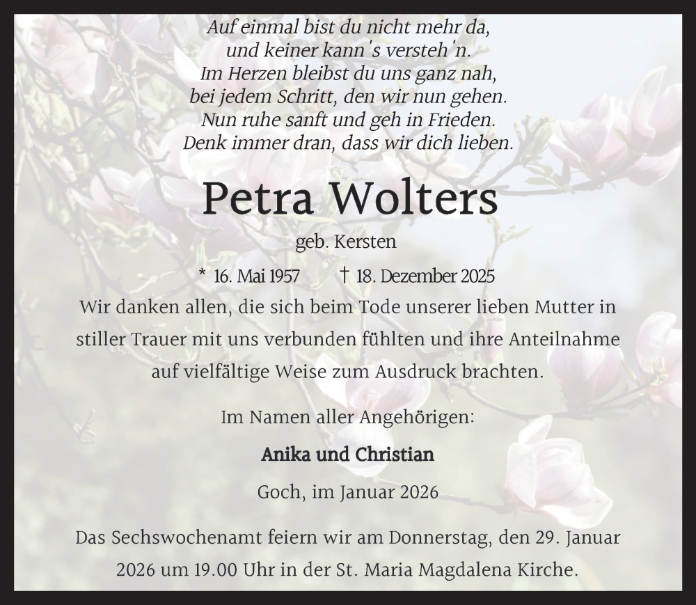  Traueranzeige für Petra Wolters vom 24.01.2026 aus NNA