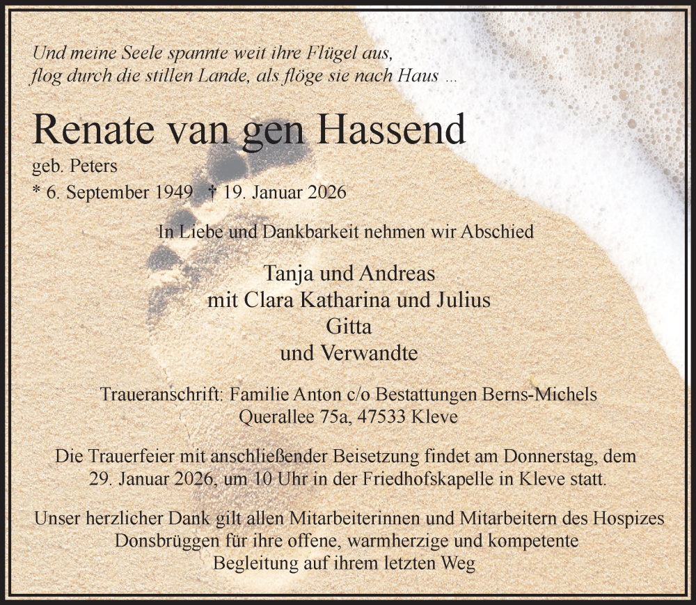  Traueranzeige für Renate van gen Hassend vom 24.01.2026 aus NNA