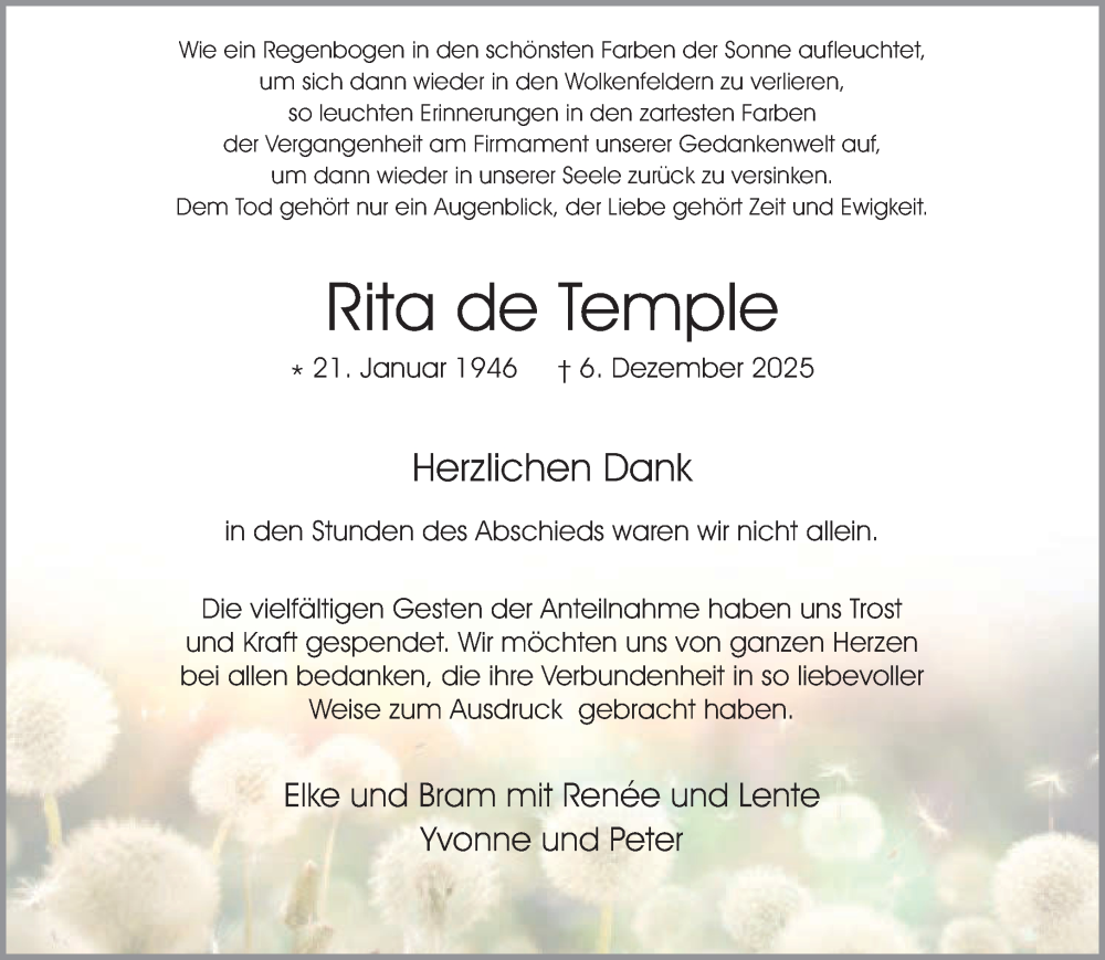  Traueranzeige für Rita de Temple vom 03.01.2026 aus NNA