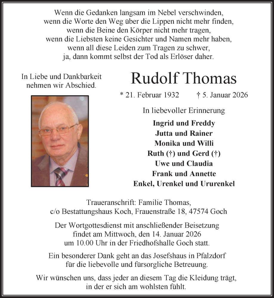  Traueranzeige für Rudolf Thomas vom 10.01.2026 aus NNA