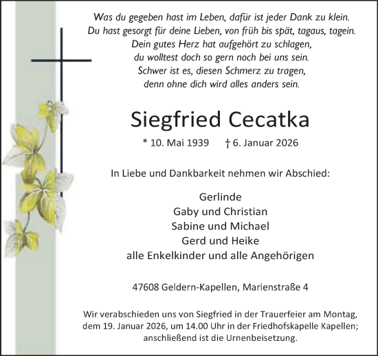 Traueranzeige von Siegfried Cecatka von NNA