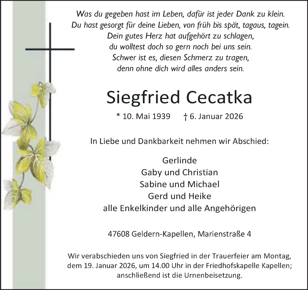  Traueranzeige für Siegfried Cecatka vom 10.01.2026 aus NNA
