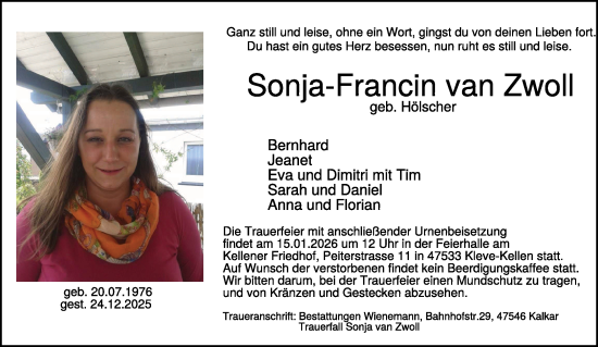 Traueranzeige von Sonja-Francin van Zwoll von NNA
