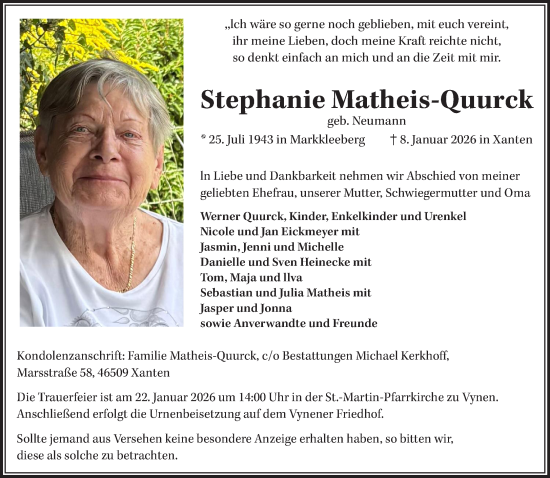 Traueranzeige von Stephanie Matheis-Quurck von NNA