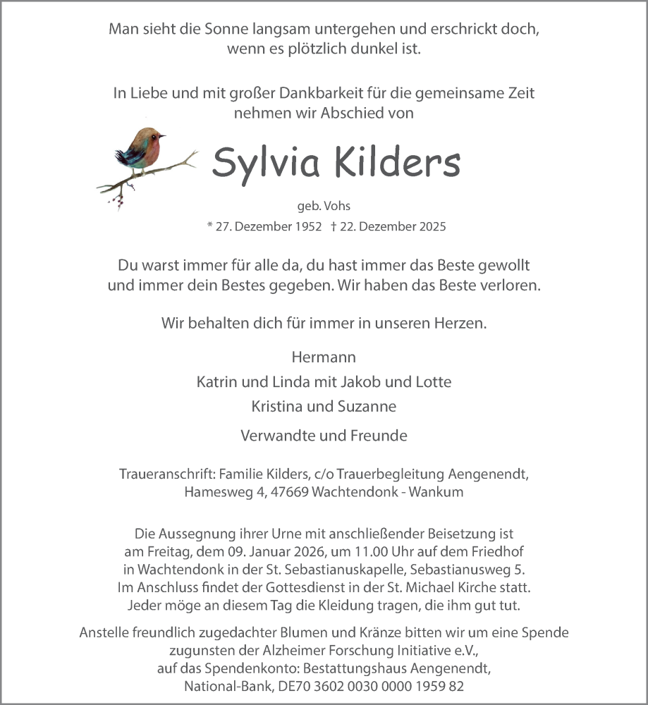  Traueranzeige für Sylvia Kilders vom 03.01.2026 aus NNA