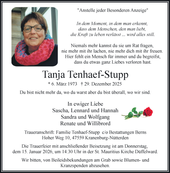 Traueranzeige von Tanja Tenhaef-Stupp von NNA
