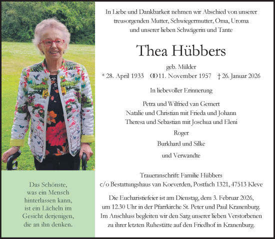 Traueranzeige von Thea Hübbers von NNA