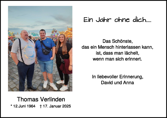 Traueranzeige von Thomas Verlinden von NNA