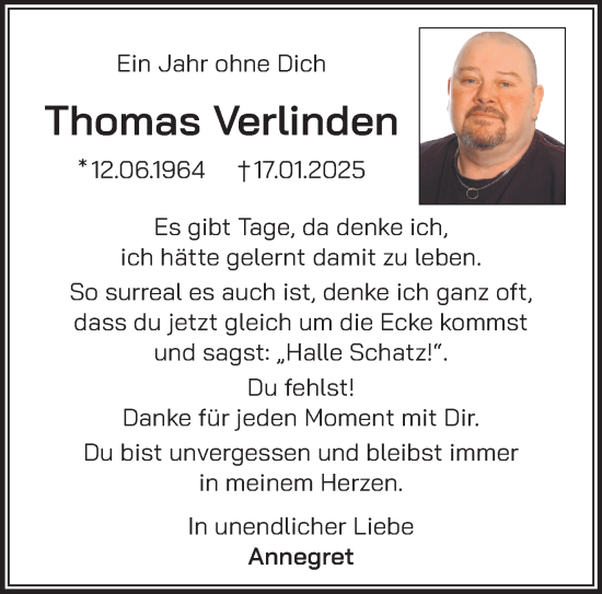 Traueranzeige von Thomas Verlinden von NNA
