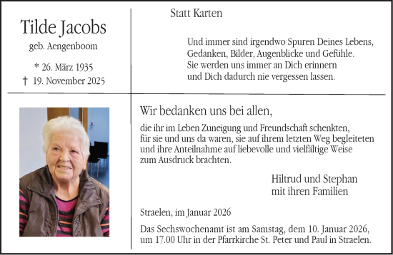 Traueranzeige von Tilde Jacobs von NNA