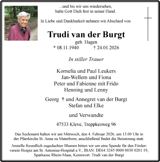 Traueranzeige von Trudi van der Burgt von NNA