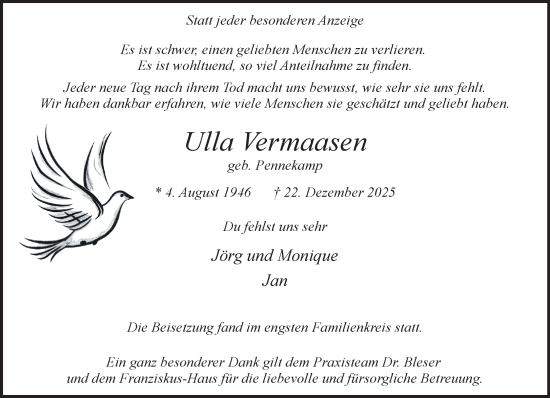 Traueranzeige von Ulla Vermaasen von NNA