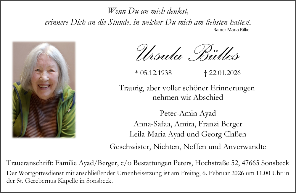  Traueranzeige für Ursula Bülles vom 31.01.2026 aus NNA