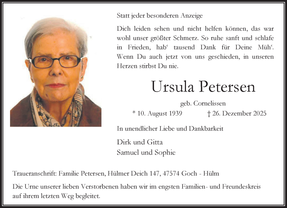  Traueranzeige für Ursula Petersen vom 10.01.2026 aus NNA
