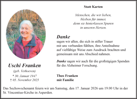 Traueranzeige von Uschi Franken von NNA