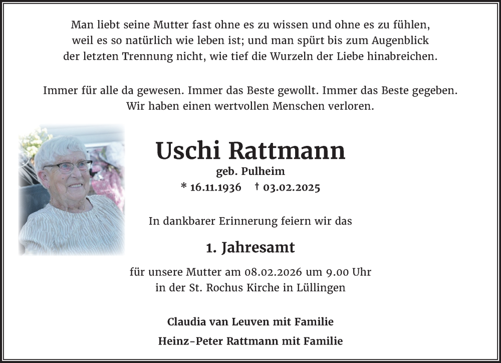  Traueranzeige für Uschi Rattmann vom 24.01.2026 aus NNA