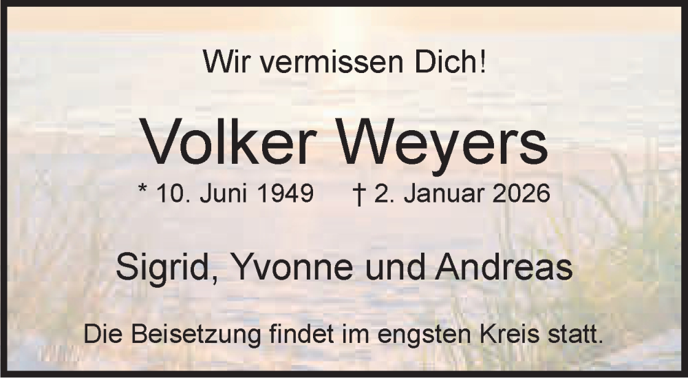  Traueranzeige für Volker Weyers vom 24.01.2026 aus NNA