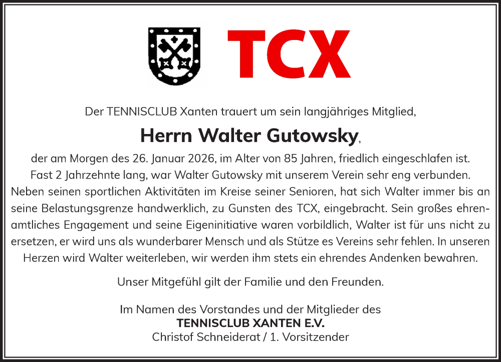  Traueranzeige für Walter Gutowsky vom 31.01.2026 aus NNA
