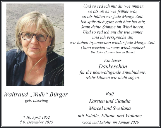 Traueranzeige von Waltraud Bürger von NNA