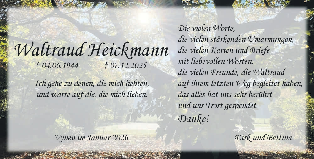  Traueranzeige für Waltraud Heickmann vom 31.01.2026 aus NNA