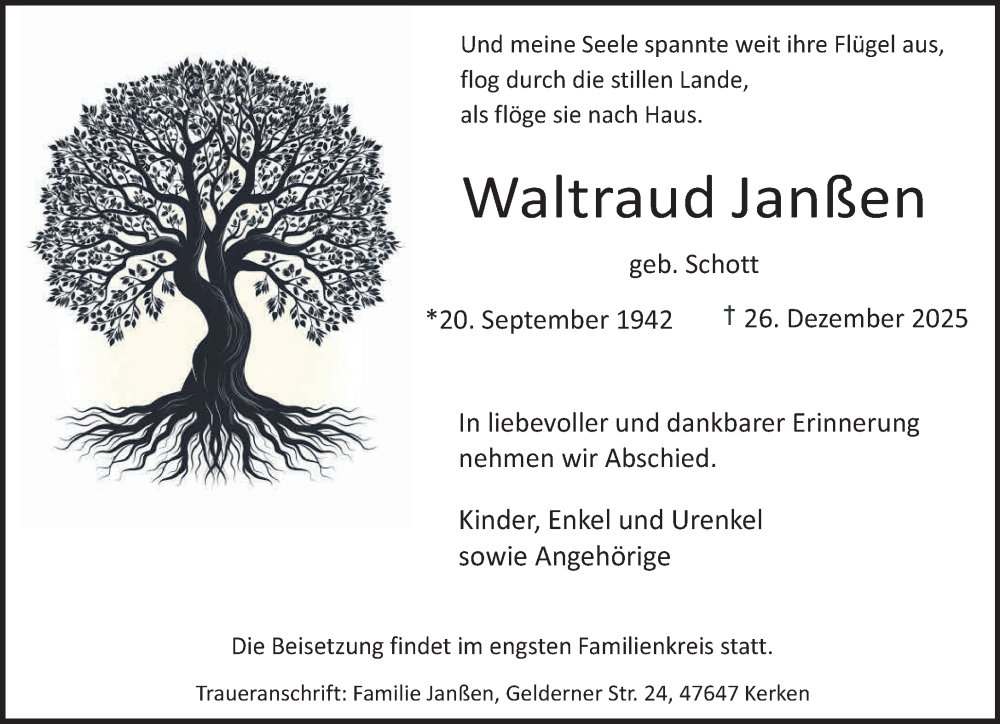  Traueranzeige für Waltraud Janßen vom 10.01.2026 aus NNA