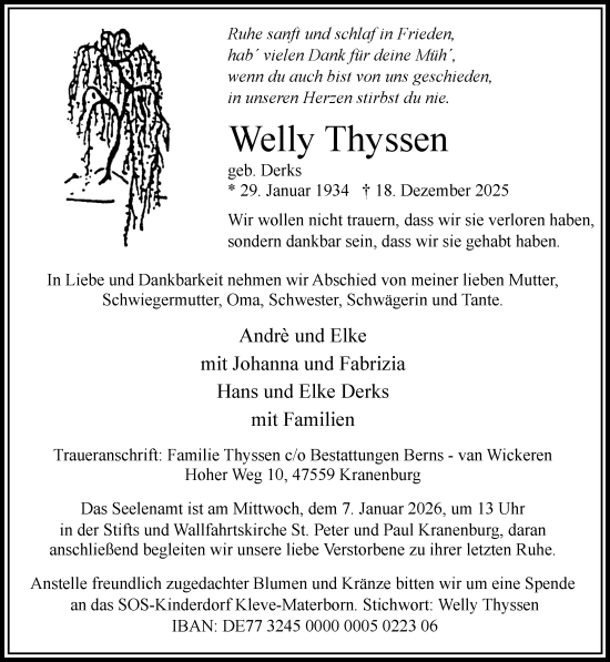 Traueranzeige von Welly Thyssen von NNA
