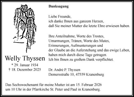 Traueranzeige von Welly Thyssen von NNA