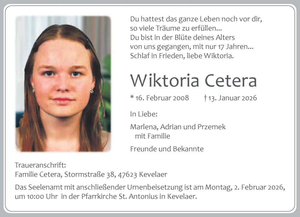  Traueranzeige für Wiktoria Cetera vom 24.01.2026 aus NNA
