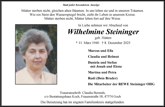 Traueranzeige von Wilhelmine Steininger von NNA