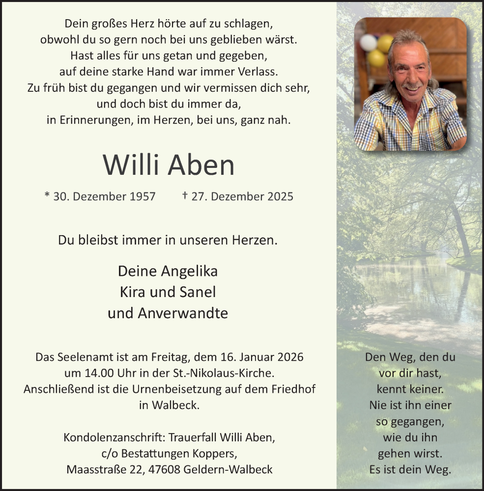  Traueranzeige für Willi Aben vom 10.01.2026 aus NNA