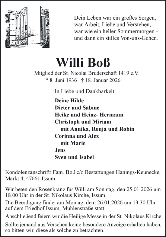 Traueranzeige von Willi Boß von NNA