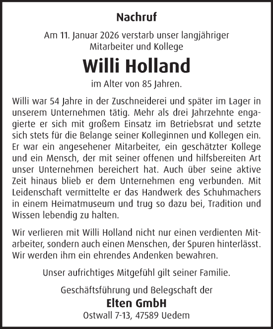 Traueranzeige von Willi Holland von NNA