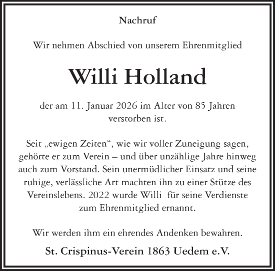 Traueranzeige von Willi Holland von NNA