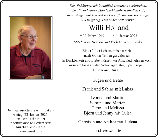 Traueranzeige von Willi Holland von NNA