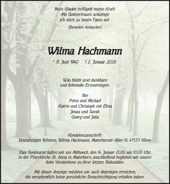 Traueranzeige von Wilma Hachmann von NNA