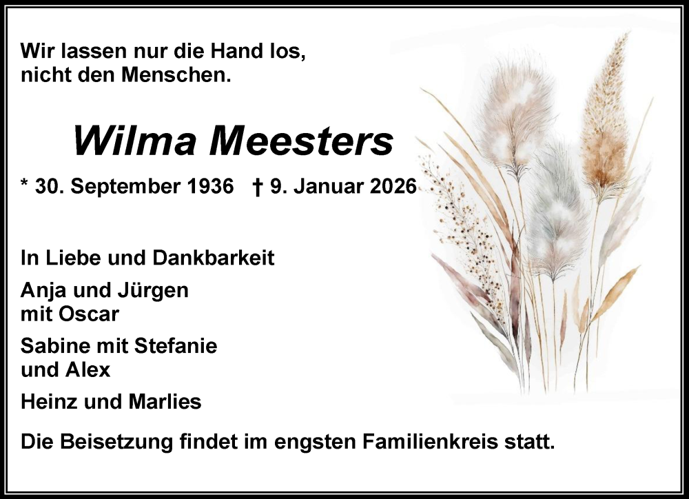  Traueranzeige für Wilma Meesters vom 31.01.2026 aus NNA