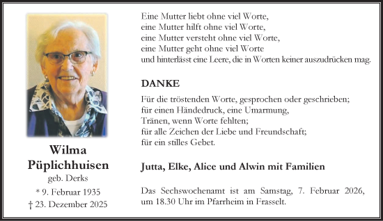 Traueranzeige von Wilma Püplichhuisen von NNA