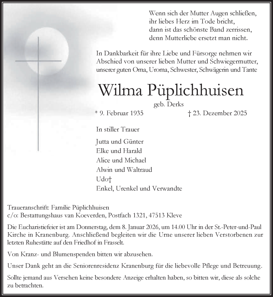  Traueranzeige für Wilma Püplichhuisen vom 03.01.2026 aus NNA