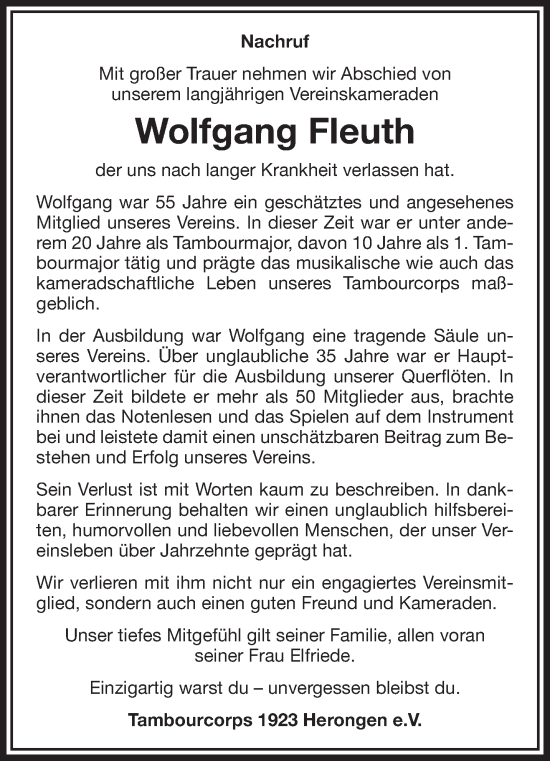 Traueranzeige von Wolfgang Fleuth von NNA
