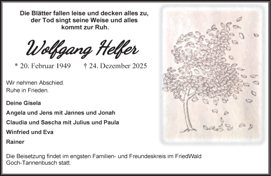 Traueranzeige von Wolfgang Helfer von NNA