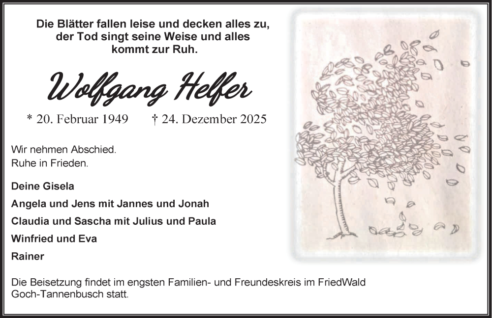  Traueranzeige für Wolfgang Helfer vom 10.01.2026 aus NNA