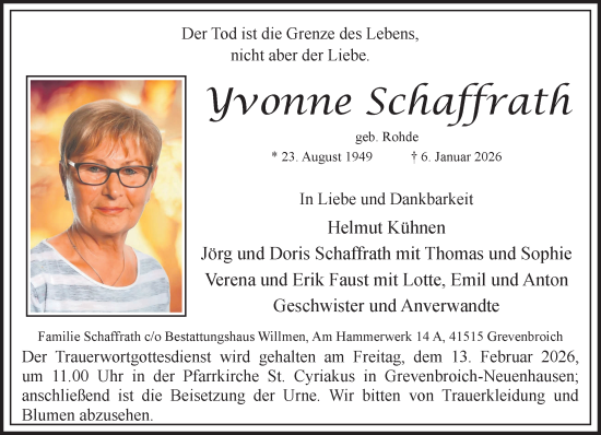 Traueranzeige von Yvonne Schaffrath von NNA